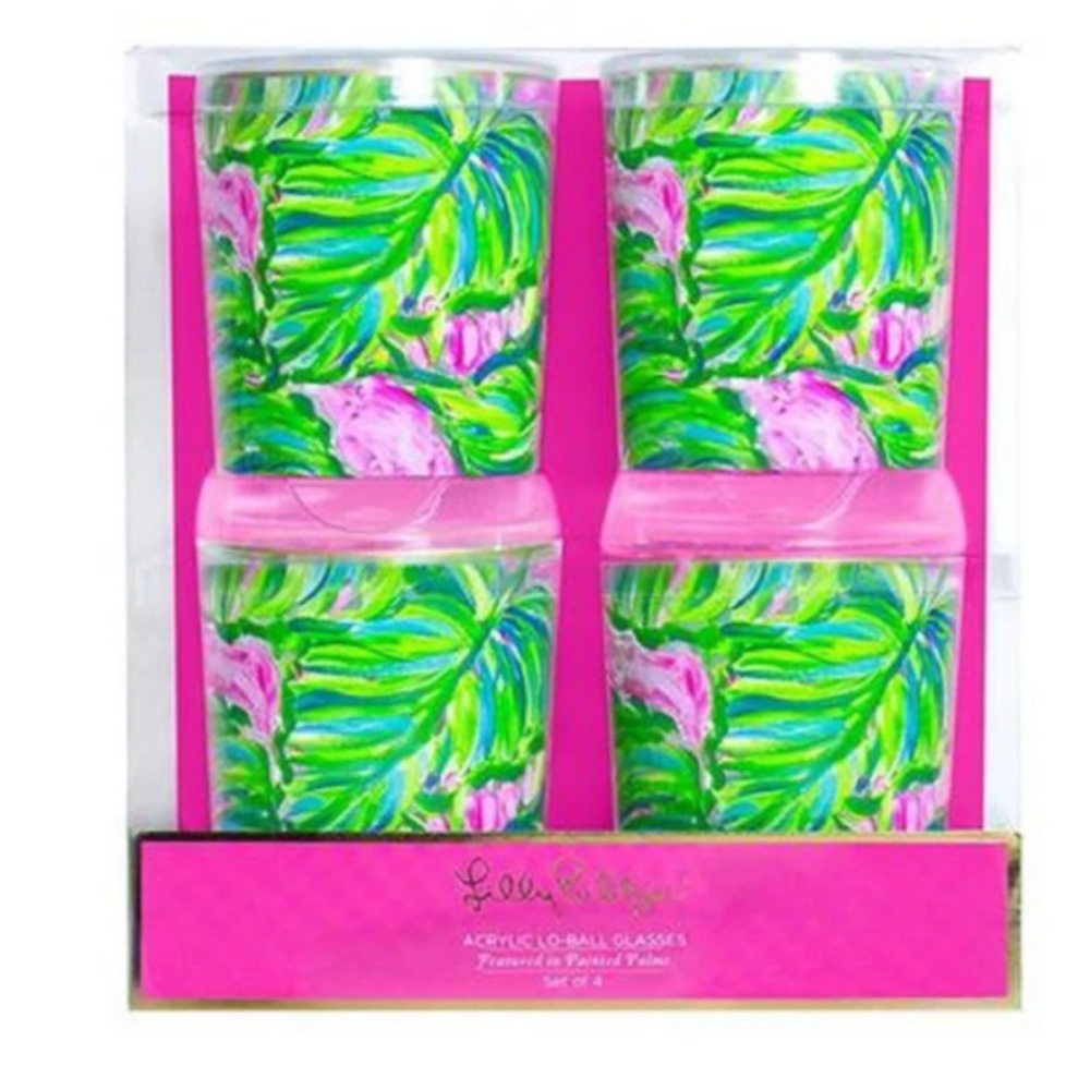 Lilly Pulitzer Green and Pink Palm Acrylic Lo-Ball Drinkware 4 Count 14oz NIB - Picture 2 of 2